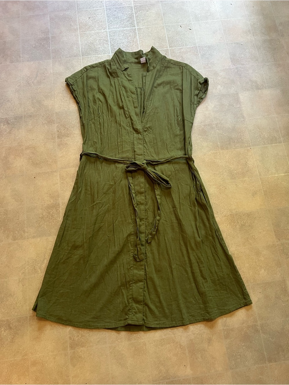 Old Navy Olive Green Midi Shirt Dress with Tie Waist